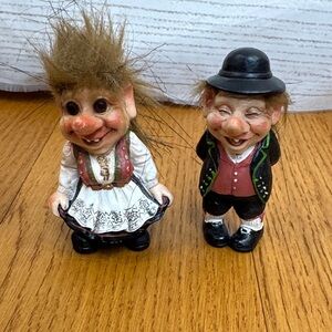 Pair of Charming male female Troll Figurines in Traditional Attire from Norway